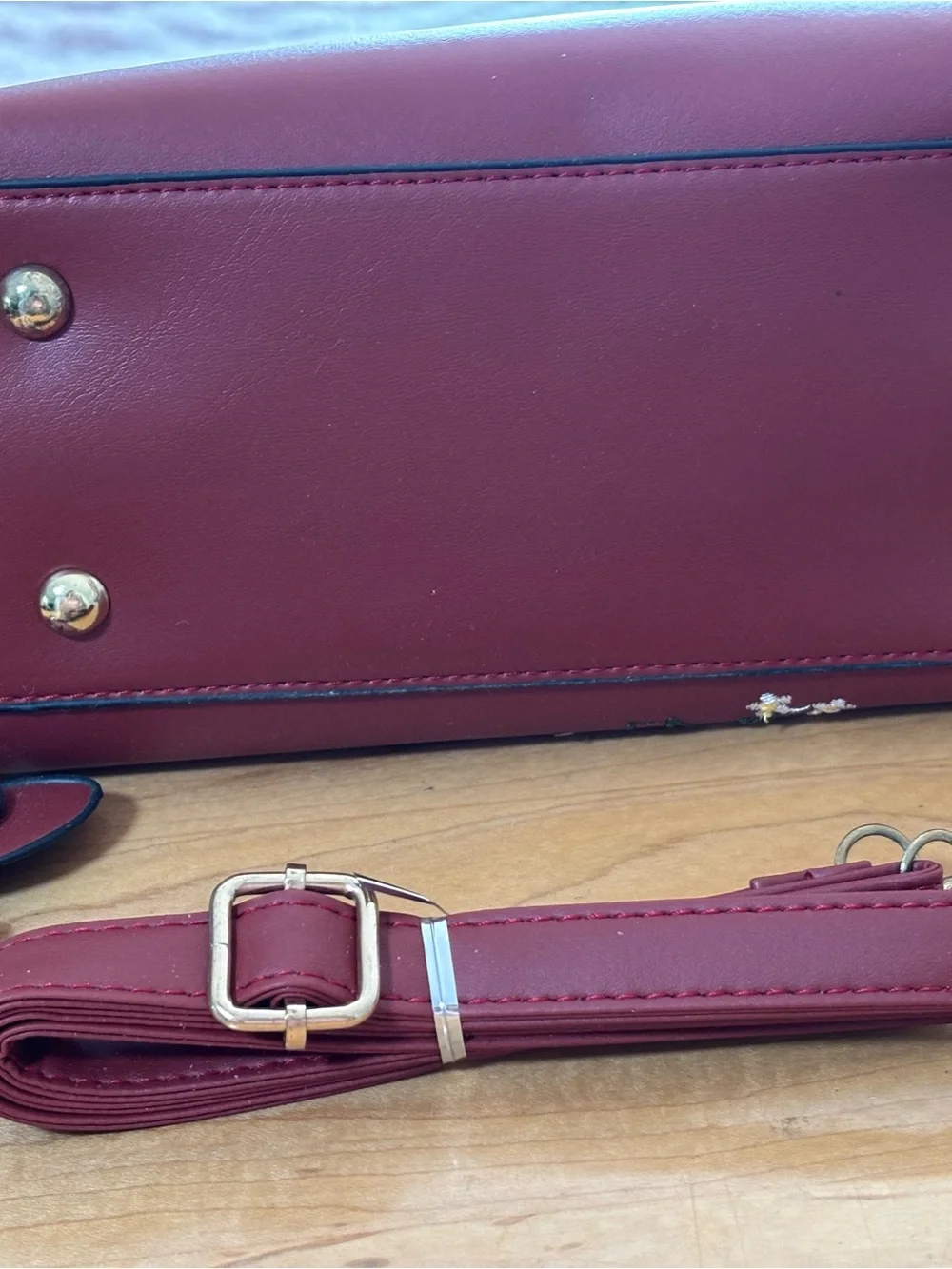 Embroidered Floral Burgundy Satchel with Gold Hardware